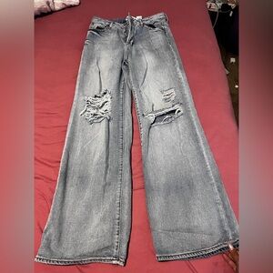 Blue Flare Wide Leg Jeans with Distressed Details